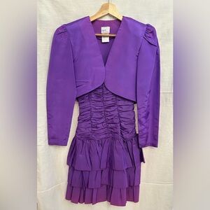 Vintage 1980's Purple Ombre Ruched Dress with Bow and Bolero Jacket